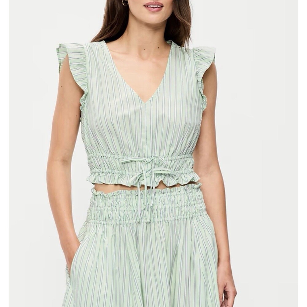Old Navy Top Flutter Sleeve Green Stripe Poplin Vacay Casual Preppy Size XXL NWT